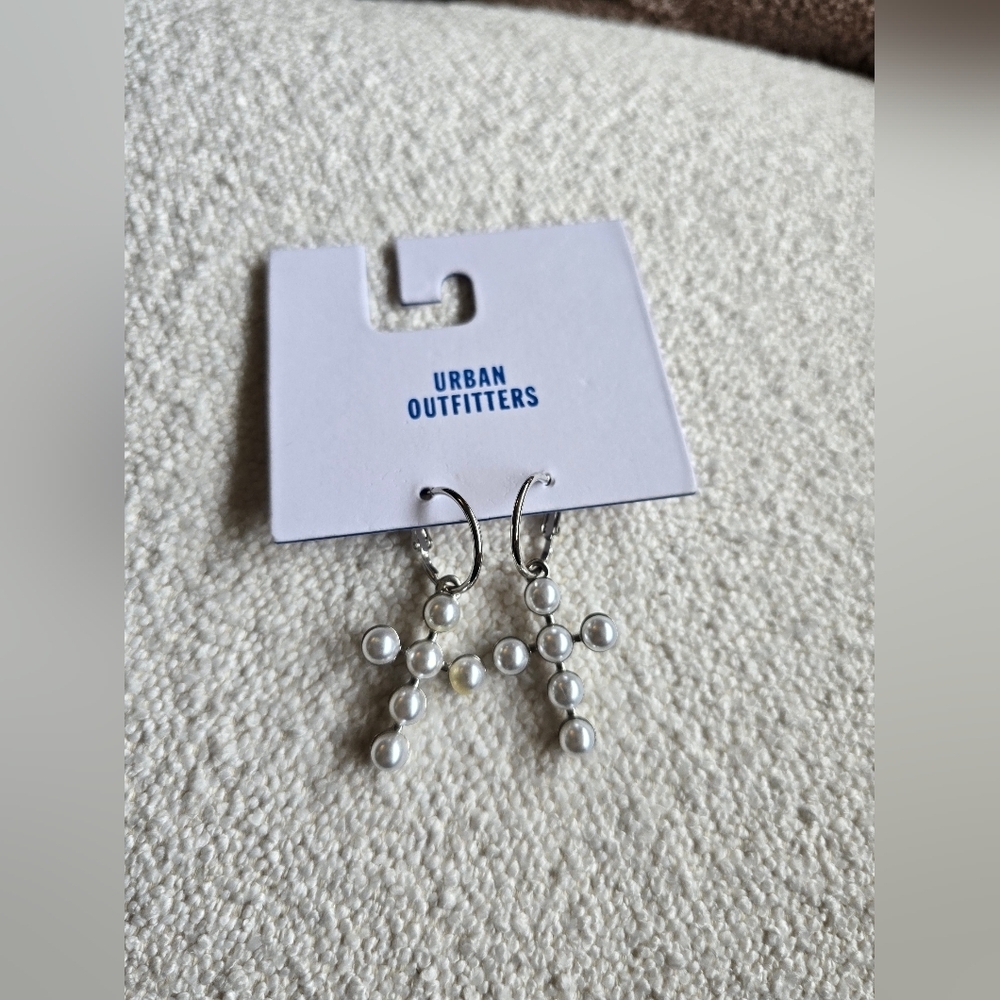 NWT! Urban Outfitters, Silver and White Pearl Cross Earrings